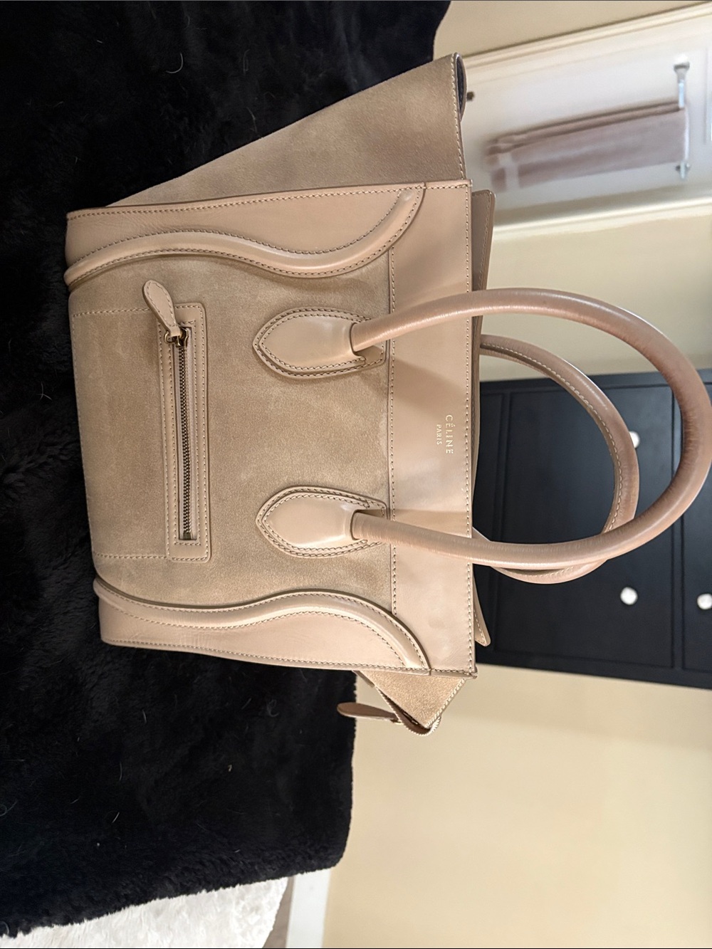 Beige large Luggage Tote - Beige Suede & Leather